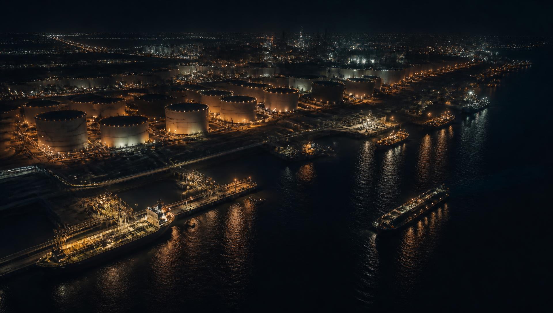 Industrial port and petroleum terminal at night