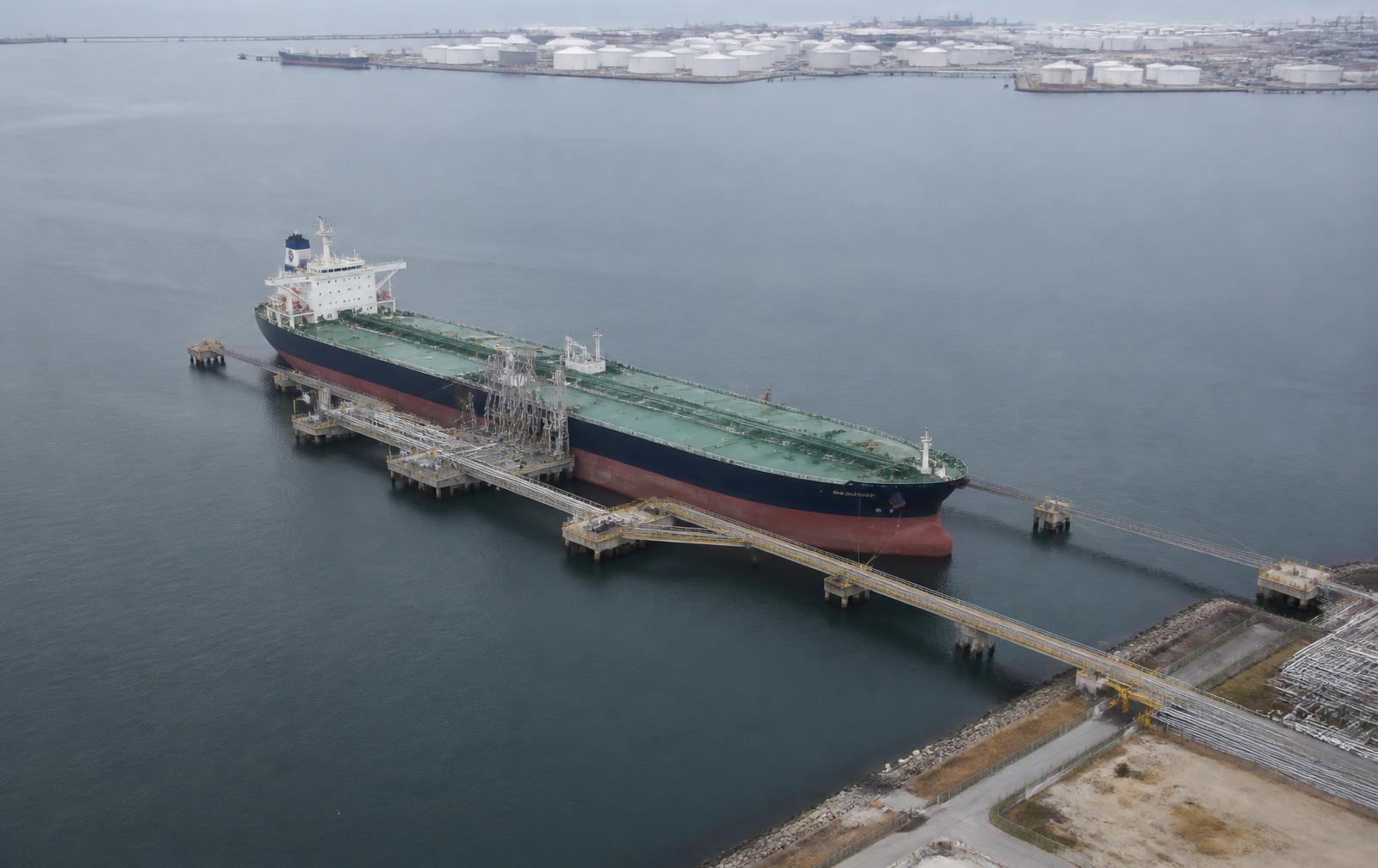 Tanker vessel berthed at a marine petroleum terminal