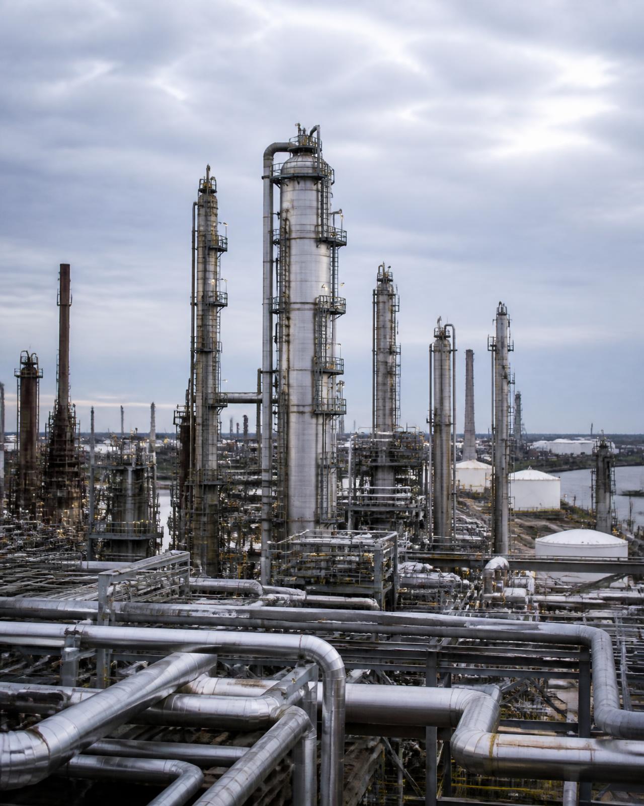 Distillation columns and piping at a Gulf Coast refinery