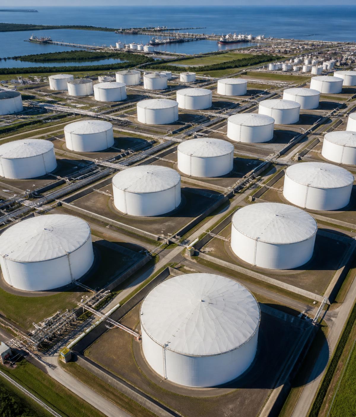 Aerial view of white petroleum storage tanks at a Gulf Coast terminal